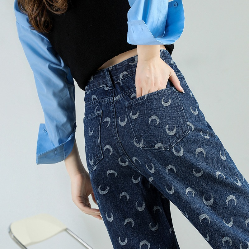 Women's High-Waist Moon Print Baggy Jeans: Casual Vintage-Inspired Denim