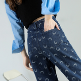 Women's High-Waist Moon Print Baggy Jeans: Casual Vintage-Inspired Denim