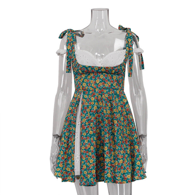 Sexy Kleid mit Schlitz und Trägern im Patchwork-Stil und Blumenmuster