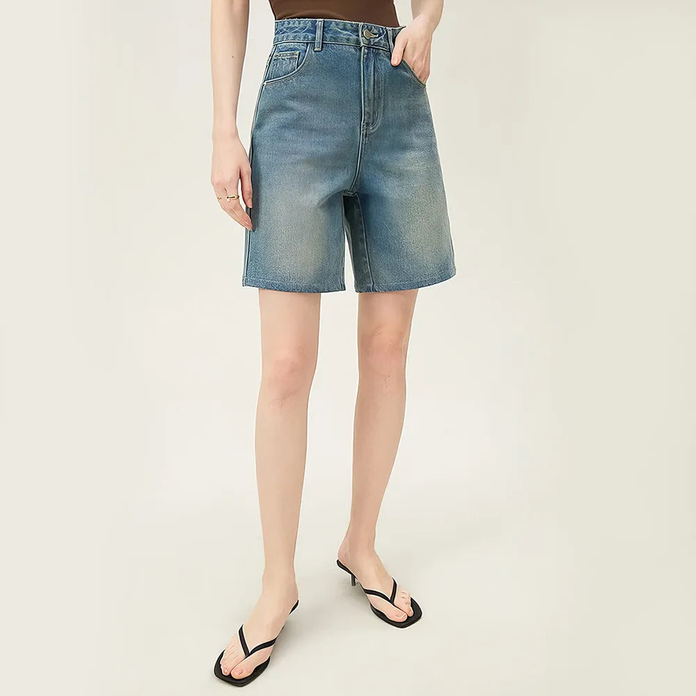 Jeansshorts mit hoher Taille und verwaschenem Vintage-Look