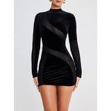 Velvet Long Sleeve Sexy Mini Dress with Zipper and Mesh Patchwork