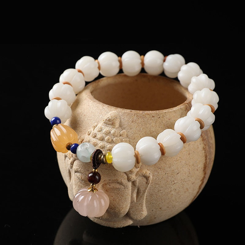 White Bodhi Root Carved Pumpkin Bead Jade Lotus Wenju Bracelet - Dazpy