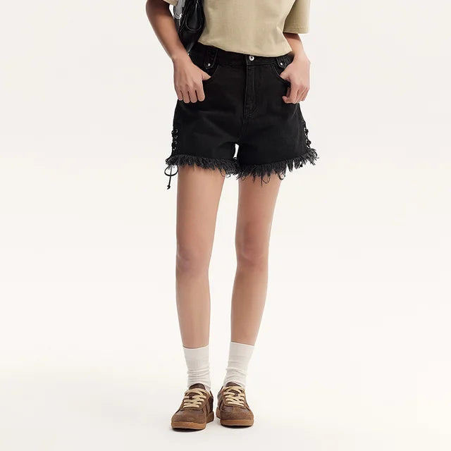 Women's Black Rolled Edge Tie High-Street Cool Shorts