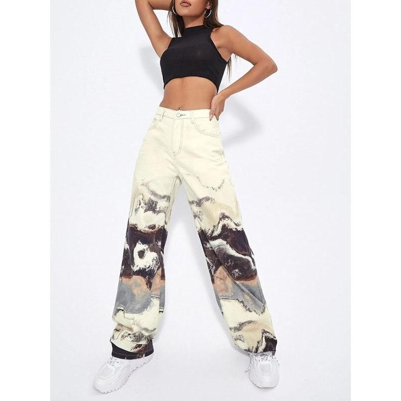 Korean Tie Dye Wide Leg High Waist Jeans