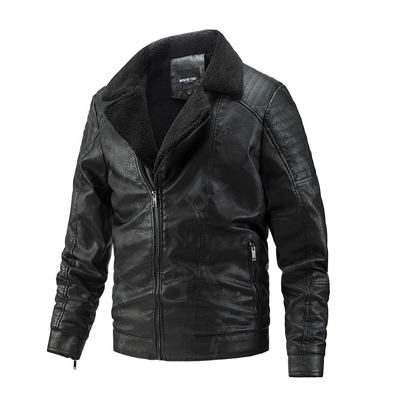 Fall Winter Lapel Men's Plus Velvet Motorcycle Leather Jacket