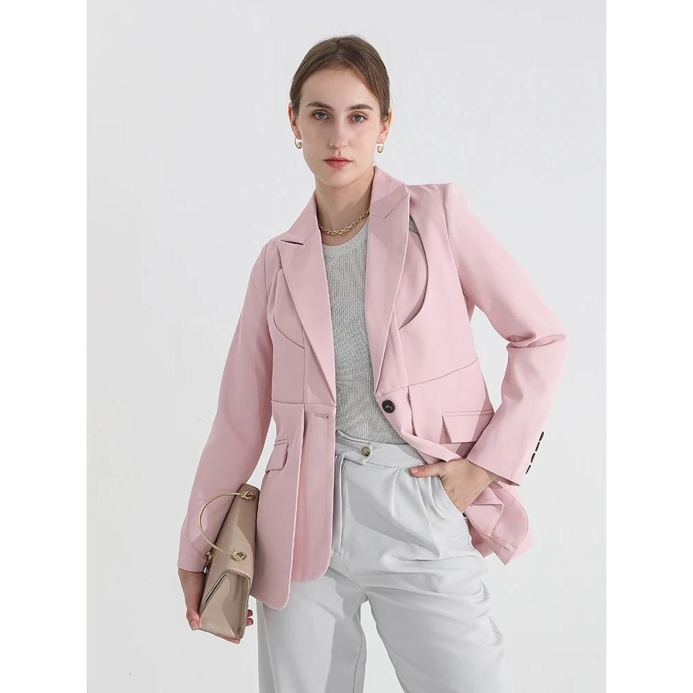 Blazer de color liso para mujer con cuello con muescas y pliegues únicos