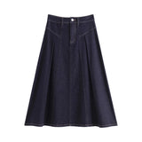 Elegant High Waist Dark Denim A-Line Midi Skirt for Women