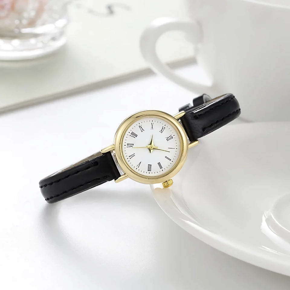 Elegante reloj de pulsera de cuarzo y cuero para mujer: diseño minimalista clásico