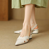 Summer Leather Pointed Toe Sandals with Chunky Heel and Ankle Strap