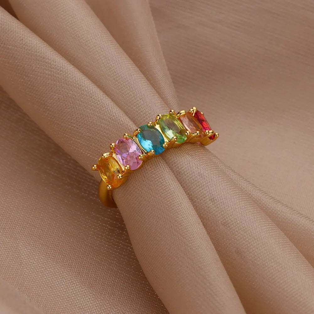 Anillos de circonitas multicolores para mujer - Acero inoxidable color dorado