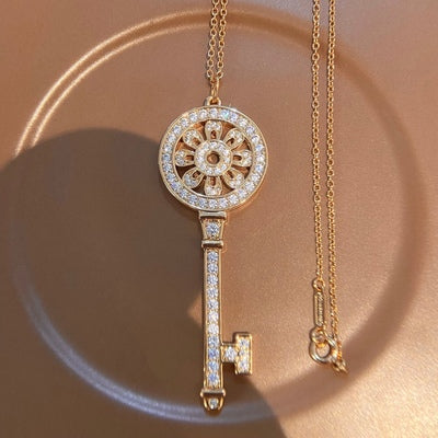 Sunflower Key Necklace Long Sterling Silver Plated 18k Gold For Men And Women - Dazpy