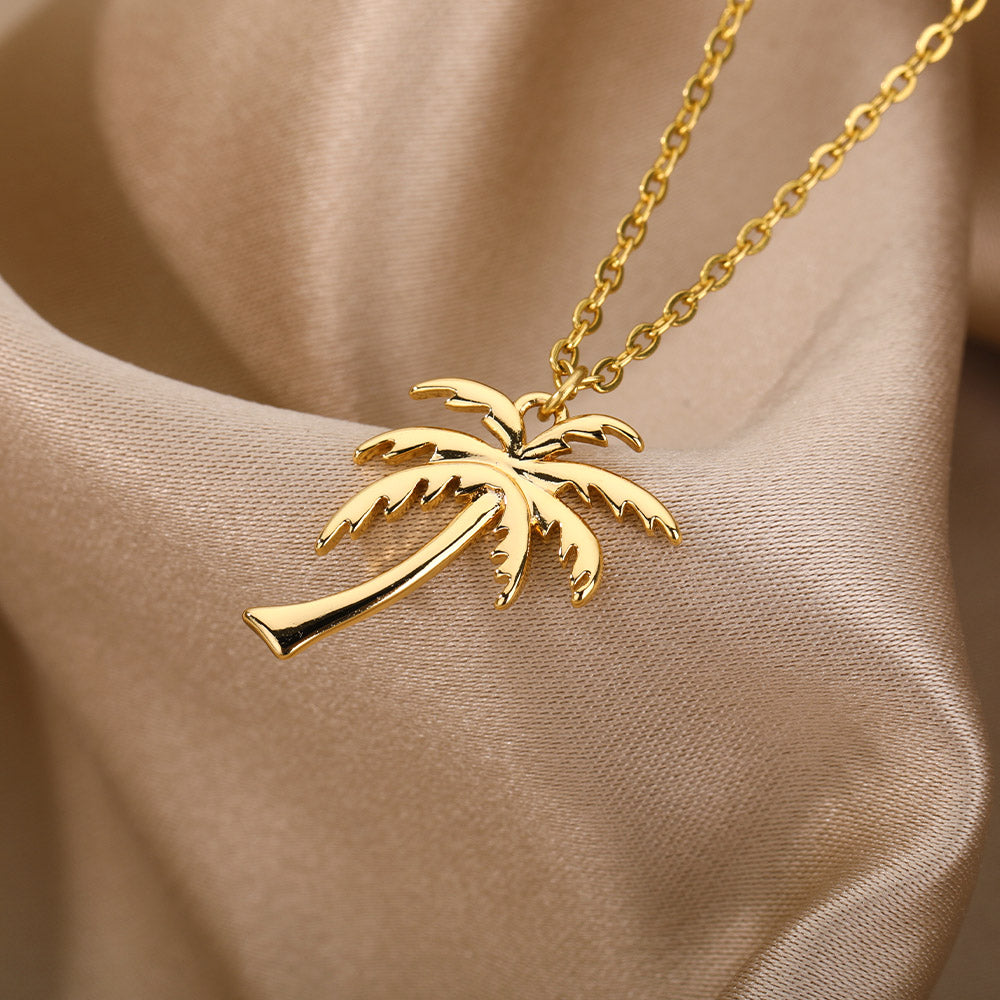 Gold Stainless Steel Palm Tree Pendant Necklace - Bohemian Summer Ocean Beach Jewelry