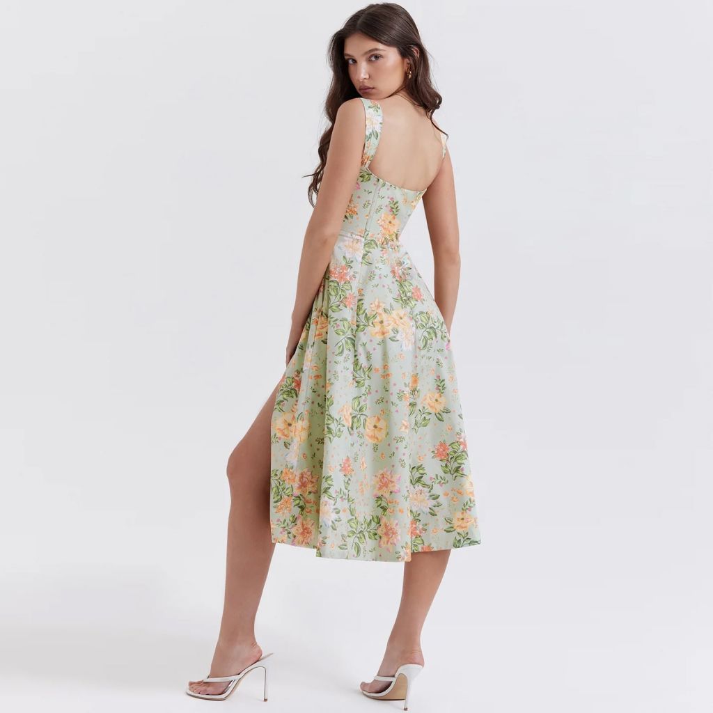 Vestido evasé con estampado de abertura alta para mujer