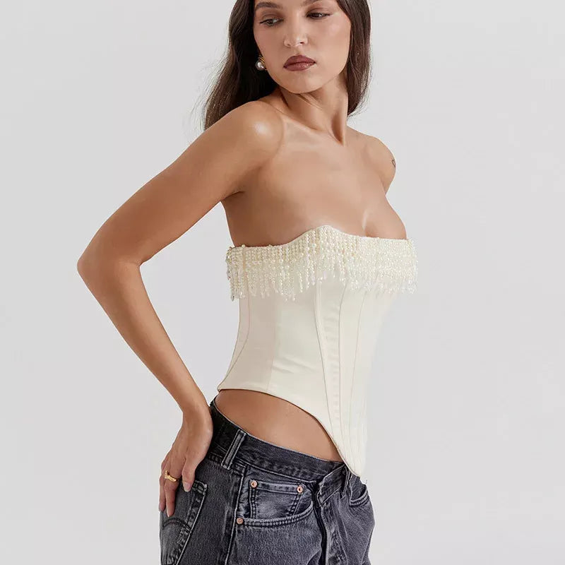 Chic Strapless Beaded Tassel Corset Top