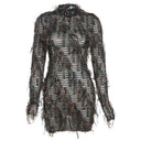 High-Waist Long-Sleeve Polyester Dress