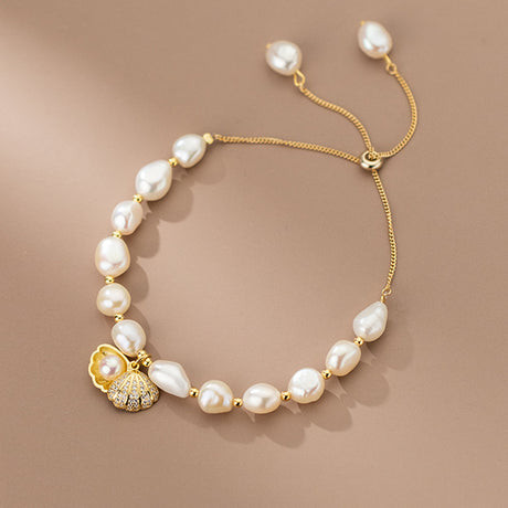 S925 Silver Pearl Diamond Inlaid Shell Small Gold Bead Bracelet - Dazpy