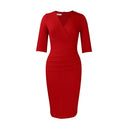 Solid V-Neck Polyester Pullover Sheath Dress