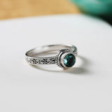 S925 Silver Vintage Ring Round Green Crystal Inlaid - Dazpy