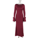 Round-Neck Raised-Rose Long-Sleeve Dress