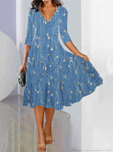 Women's V-Neck Digital-Print Loose A-Line Dress