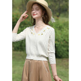 Vintage V-Neck Embroidered Knit Sweater for Women