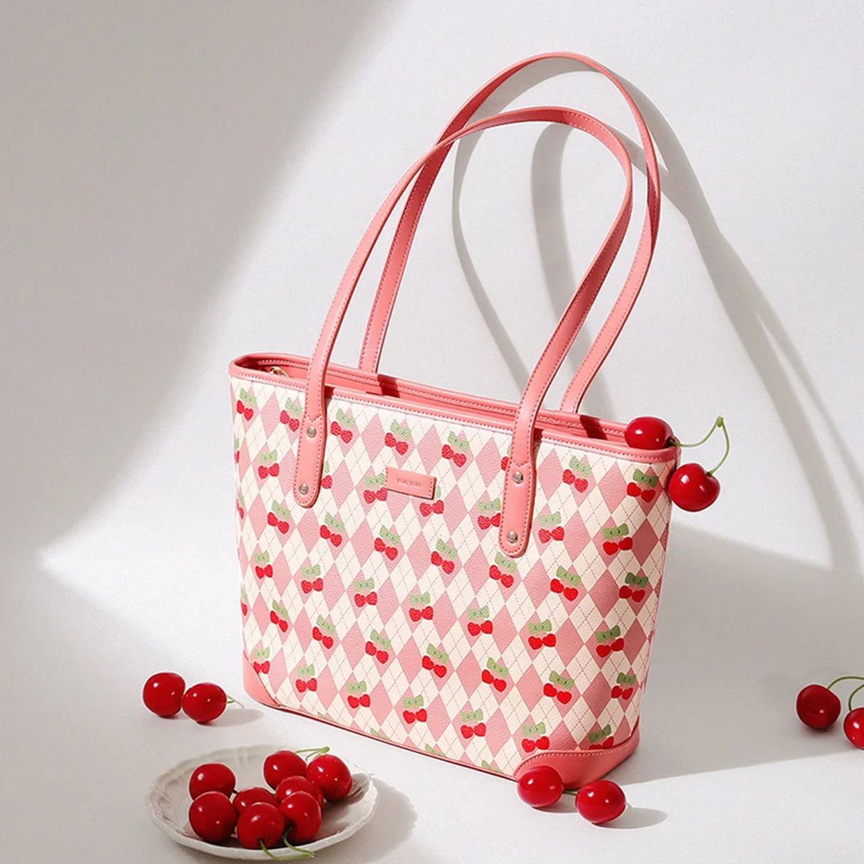 Bolsa de PVC con estampado de cerezas de gran capacidad