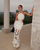 Women's White Cotton Halter Backless Long Dress