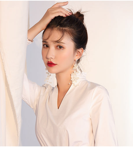 Exaggerated White Tassel Earrings Female Long - Dazpy