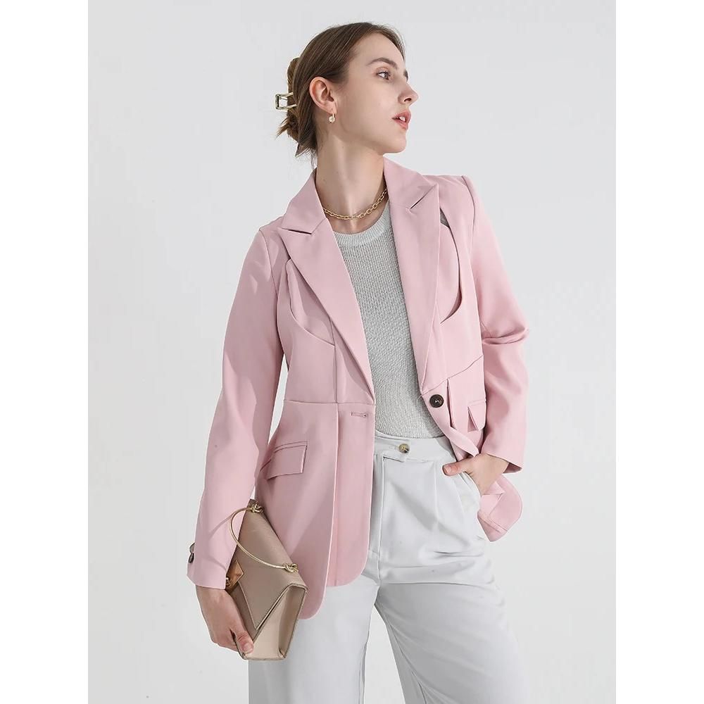 Blazer de color liso para mujer con cuello con muescas y pliegues únicos