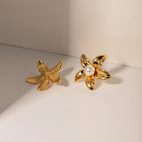 Pendientes de acero inoxidable con forma de flor en oro de 18 quilates con incrustaciones de perlas