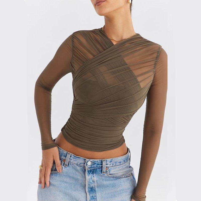 Camiseta sexy de manga larga con cuello en V de malla transparente