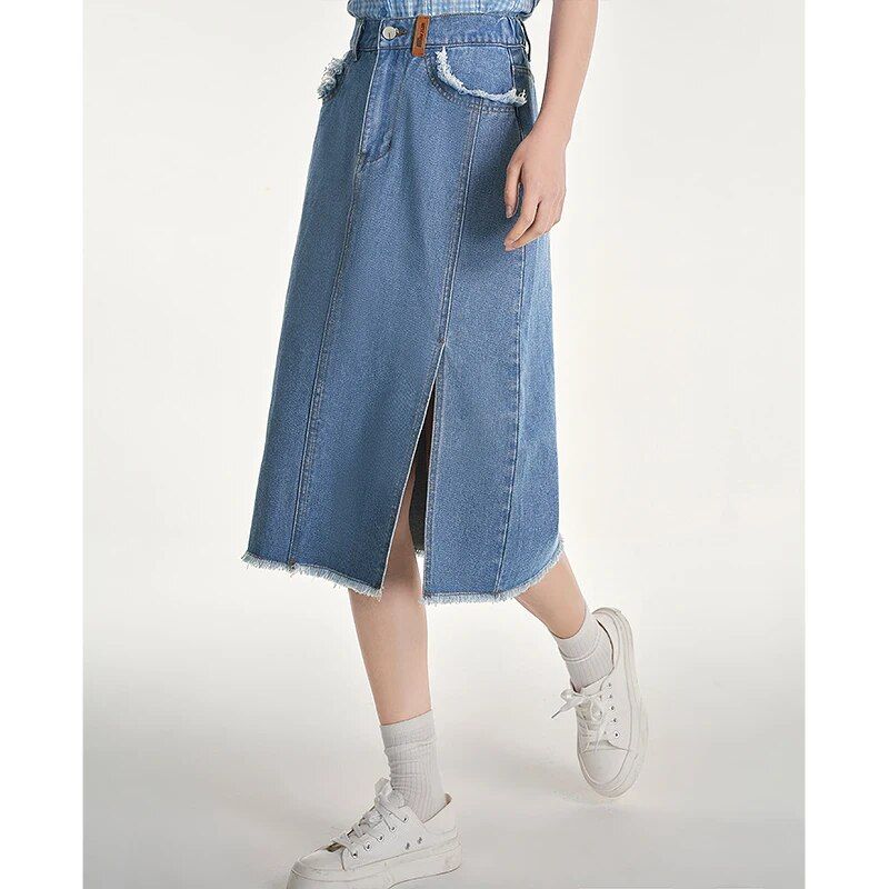 Summer Chic Denim A-Line Skirt with Plush Edges and Split Hem