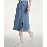 Summer Chic Denim A-Line Skirt with Plush Edges and Split Hem