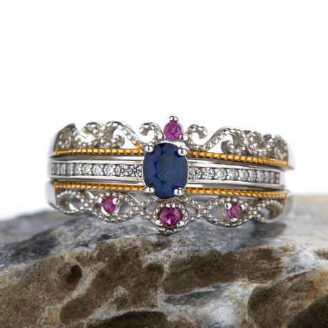 S925 Sterling Silver Inlaid Natural Sapphire Ring - Dazpy