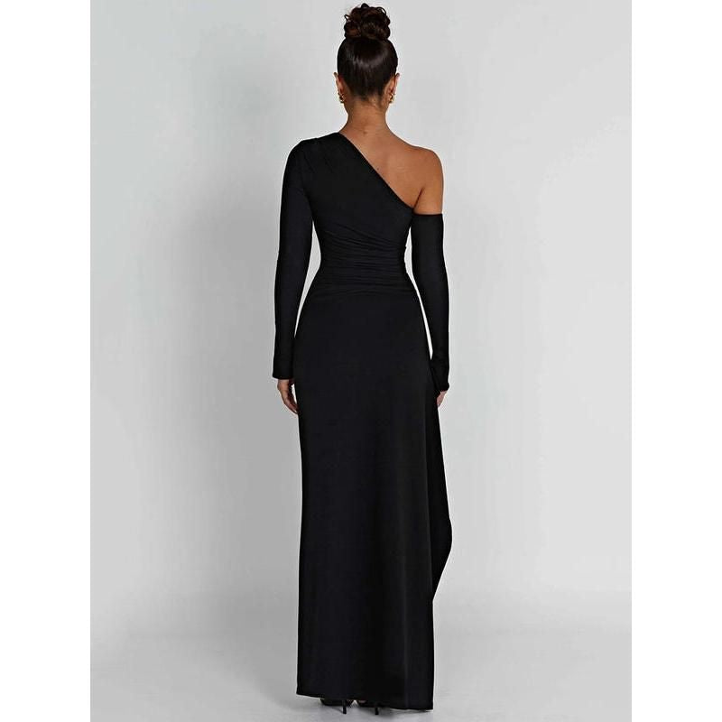 Vestido largo elegante con hombros oblicuos y abertura hasta el muslo: bodycon sin mangas y sin espalda para fiestas nocturnas