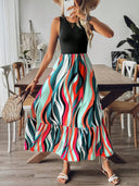 Vestido negro de talle alto con estampado de ondas para mujer