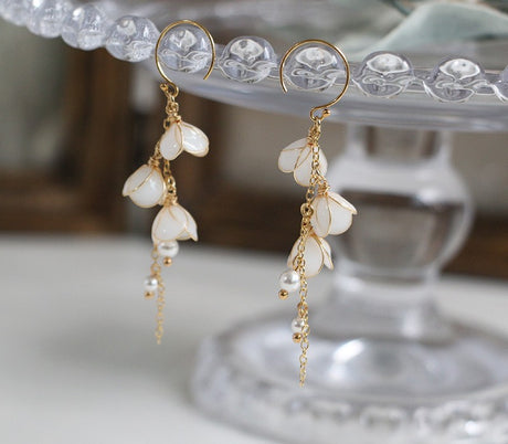 Handmade Flower Bell Orchid Petal Flower Long Tassel Earrings - Dazpy