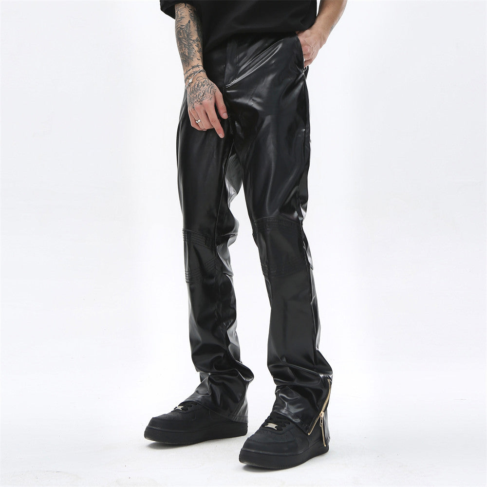 Solid Colour Shiny PU Leather Trousers Men's Punk Rock Loose