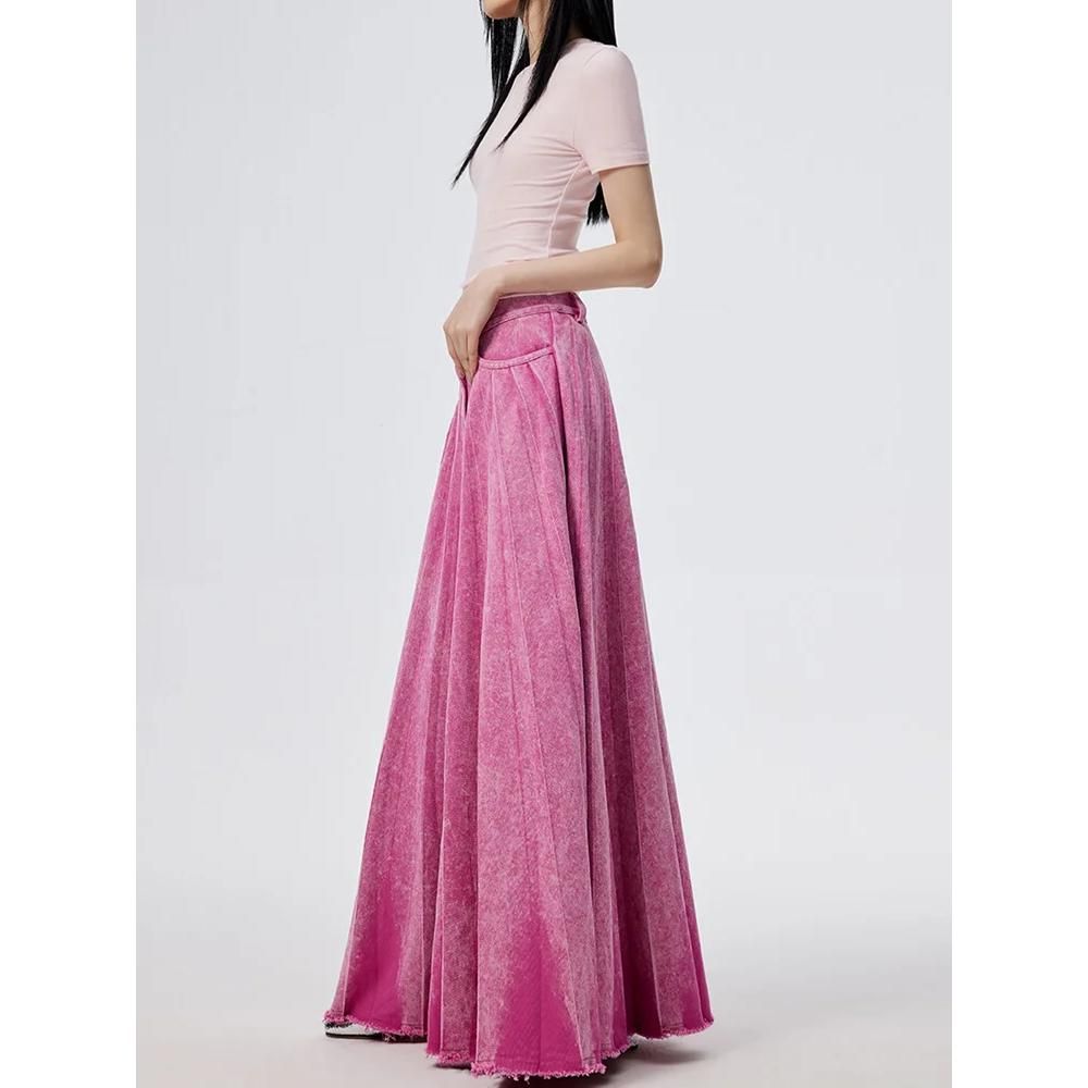 High Waist A-line Floor-Length Denim Skirt in Flash Rose Pink