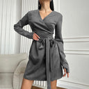 Suede-Look V-Neck Tie-Detail Mini Dress