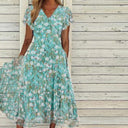 Women's Green Floral Short-Sleeve A-Line Maxi Dress