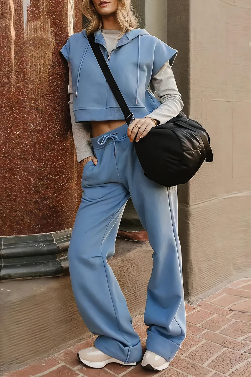 Lässiges Zweiteiliges Set im Street-Style für Damen mit Kapuze, bauchfreiem Oberteil und Hose mit Kordelzug