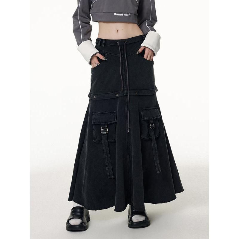 Versatile Two-Way Detachable Black Denim Skirt