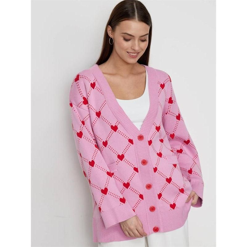 Cárdigan de punto extragrande con cuello de pico y estampado de corazones para mujer