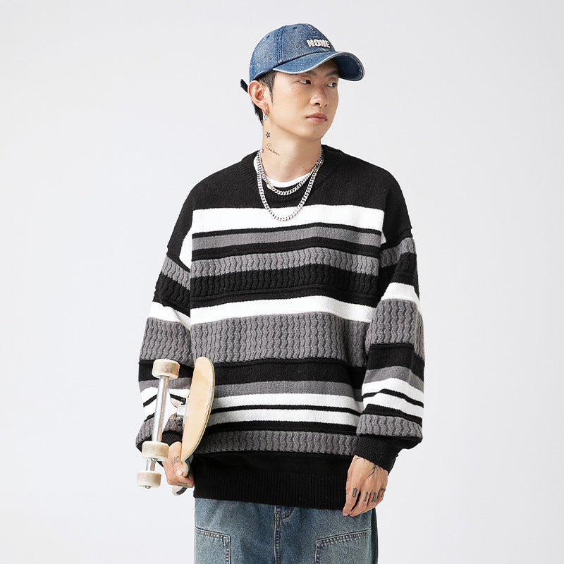 Japanese Round Neck Sweater Men's Striped Color Contrast Patchwork