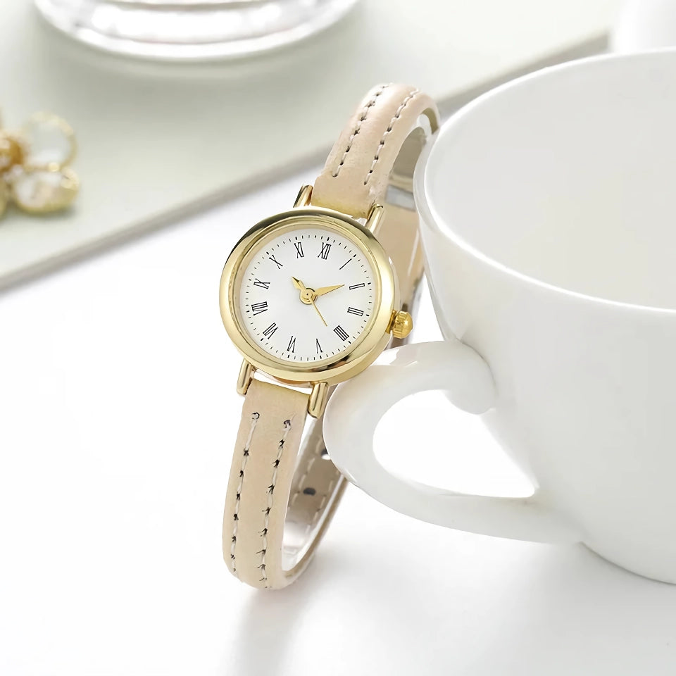 Elegante reloj de pulsera de cuarzo y cuero para mujer: diseño minimalista clásico