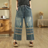 Boho Chic Vintage Jeans mit weitem Bein und Stickereien