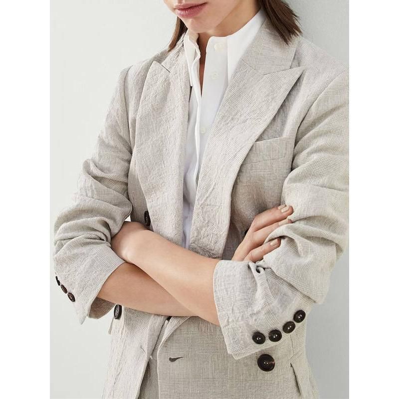 Elegantes, mit Perlen besetztes Leinenanzug-Set – Zweireihiger Blazer und gerade geschnittene Hose für Damen