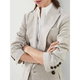 Elegant Beaded Linen Suit Set - Women's Double Breasted Blazer and Straight Trousers