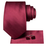 Elegante corbata de boda de seda color burdeos y rojo con accesorios a juego